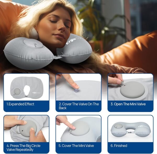 Inflatable Travel Pillow, Neck Pillow for Traveling Airplanes Train Car Office, Portable U-Shaped Blow Up Neck Support Pillow (Grey) - Image 5