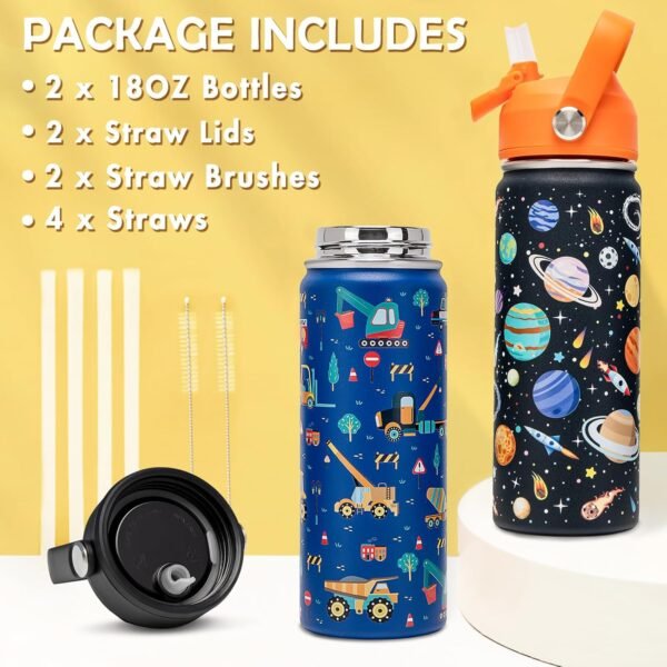 18oz Kids Insulated Water Bottle with Straw Lid - 18/8 Stainless Steel Kid Cup BPA-FREE Travel Tumbler Double Wall Vacuum Leak Proof Portable Toddler Water Bottle (Space + Car) - Image 5