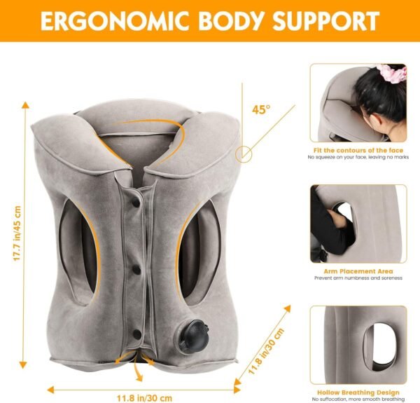 Lewondr Inflatable Travel Pillow, Airplane Neck Pillow for Traveling, Travel Pillow with Storage Bag, Avoid Neck Shoulder Pain, Sleeping Cushion for Airplane Bus Car Train Office, Easy to Carry, Grey - Image 3