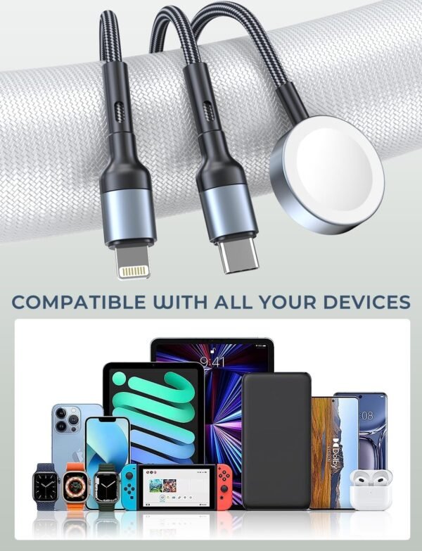 Travel Essentials 3 in 2 for Apple Watch Charger USB C Cable iPhone iWatch Charger Multi Charging Cable Compatible with Apple Watch Series 9/8/7/6/SE2/5/4/3/2 Ultra iPhone 15/14/13/Galaxy S23-4FT - Image 4
