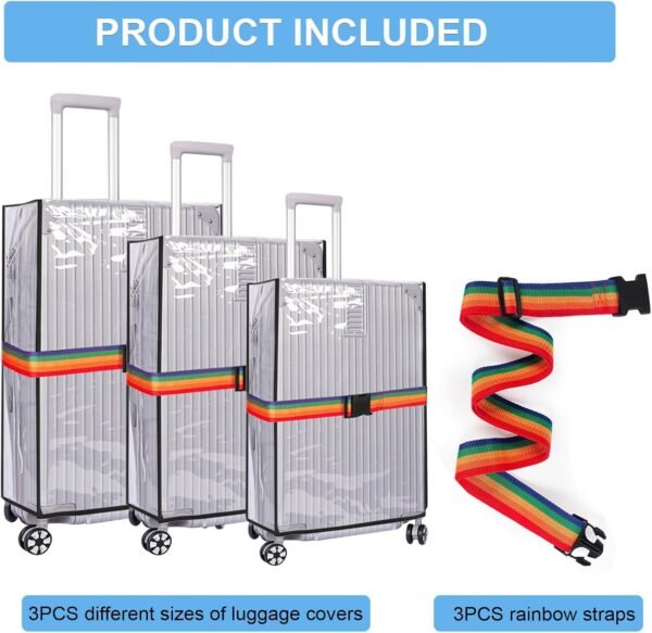 3PCS Waterproof Luggage Protective Cover with Colorful Straps Clear Suitcase Cover Protectors PVC Transparent Travel Dustproof Luggage Sleeve Protector(20 Inches, 24 Inches, 28 Inches) - Image 3