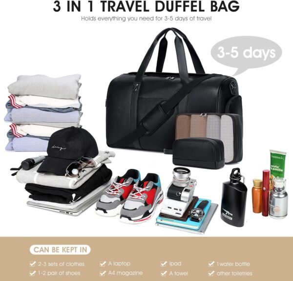 Wogarl 3PCS Leather Weekender Bag for Women Men Large Overnight Bag Travel Duffel Bag with Shoe Compartment Toiletry Packing Cube Carry On Bag Fit 21" Laptop(Black) - Image 3