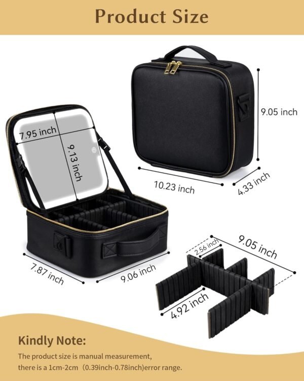 Portable Rechargeable Travel Makeup Bag - Makeup Case Organizer with LED mirror 3 Color Lights Adjustable Brightness Cosmetic Train Case with Adjustable Dividers for Women (Black) - Image 6