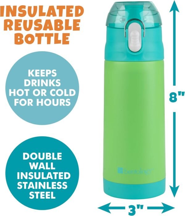 Bentology Stainless Steel 13oz Insulated Kids Water Bottle w Built In Straw- Easy to Open, Reusable BPA-Free, Fits in Most Lunch Boxes for Boys, Girls, School, Sports, Camp- Keep Drink Cold All Day - Image 3