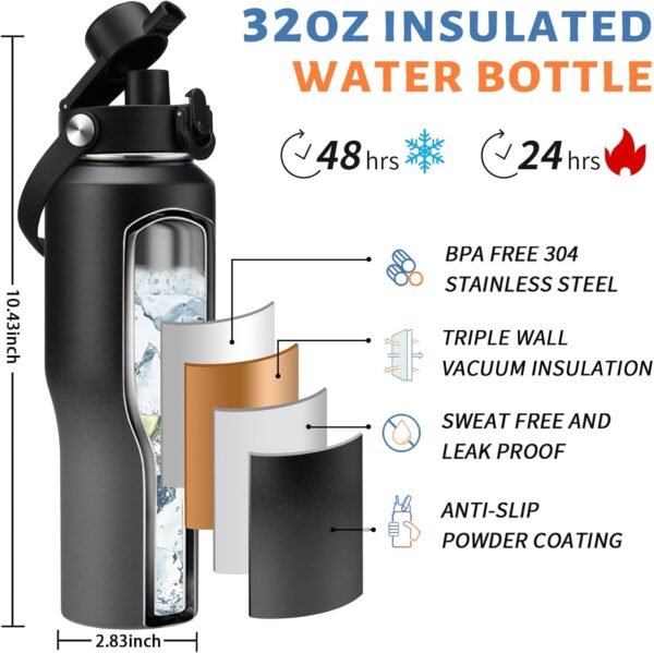 Insulated-Water-Bottle Fit Car Cup Holder - 32OZ Vacuum Stainless Steel Tumblers with Straw & Spout Lids, Paracord Handle, Carrier Bag & Boot, Insulated Tumbler Travel Mug Keep Cold-48H Hot-12H - Image 3