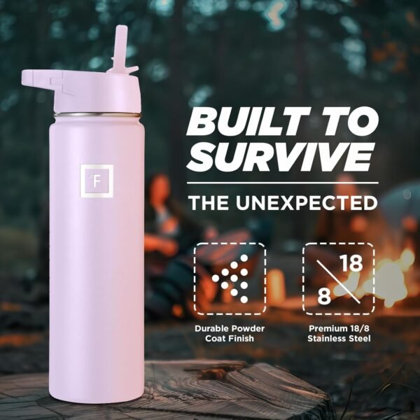 IRON °FLASK Camping & Hiking Hydration Flask, Wide Mouth, 3 Straw Lids, Stainless Steel Outdoor Water Bottle, Double Walled, Insulated Thermos, Metal Canteen - Lavender, 22 Oz - Image 2