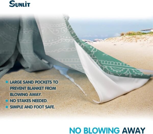 Sunlit 10'x9' Extra Large Boho Sand Proof Beach Blanket, Sand Proof Mat with Corner Pockets and Mesh Bag for Beach Party, Travel, Camping and Outdoor Music Festival, Tiffany Green Mandala - Image 4