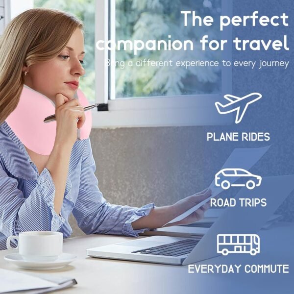 Travel Neck Pillow, Curved Ergonomic Design, Ice Silk Fabric is Comfortable and Breathable, The Pillowcase is Removable. Comes with Portable Storage Bag and Ear Plugs (Pink) - Image 3