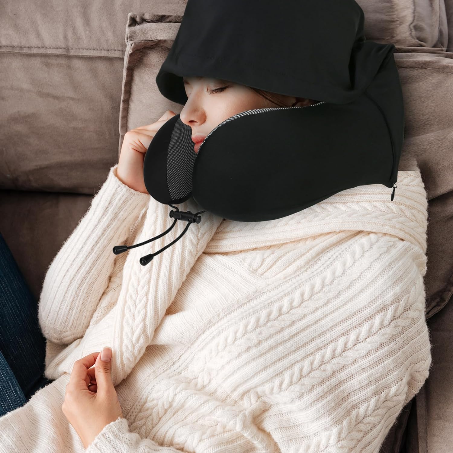 Neck Pillow for Travel, Memory Foam Travel Pillow with Hood, Adult Airplane Pillow for Head Rest Neck Support, Portable Pillow for Office Cars Trains Long Flights Sleeping (Black) - Image 7