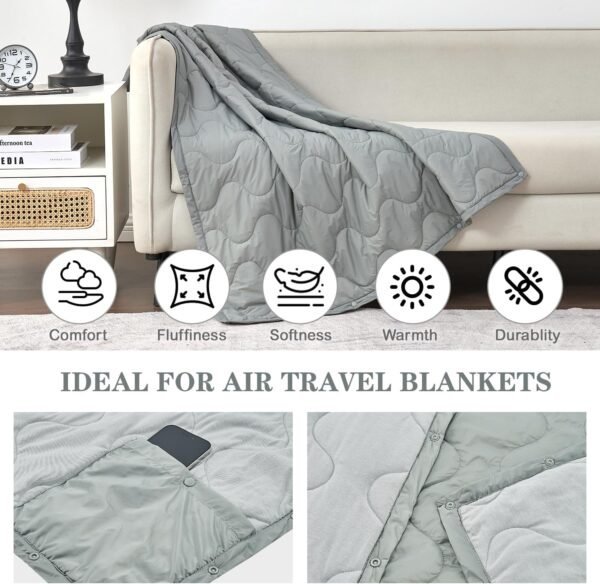 Commollis Travel Blanket Luxury Travel Set -Travel Blanket and Pillow Set - Portable Inflatable Travel Neck Pillow and Premium Soft Airplane Blanket with Built-in Soft Bag,Eye Mask, Earplugs - Image 3