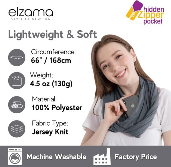Infinity Loop Solid Color Scarf With Hidden Zipper Pocket For Women - Lightweight Travel Neck Wrap - Image 3