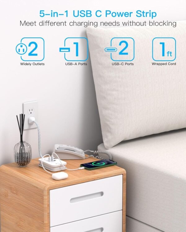 Travel Essentials, Cruise Ship Power Strip with USB Ports, 2 Outlets 3 USB (2 USB C) Wrapped Short Extension Cord 12 inches Desktop Charging Station Power Strip for Travel Hotel Cruise Must Haves - Image 2