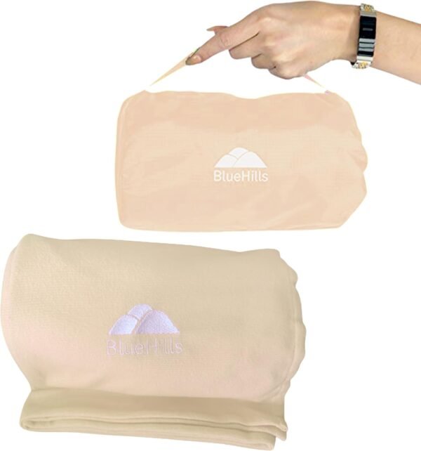BlueHills Ultra Compact Travel Blanket Pillow for Airplane Traveling Essential Long Flight Trip Throw in Bag Portable Case Large Plane Accessories Beige - C007