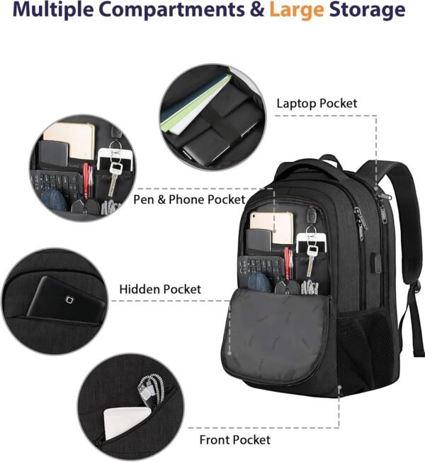 MATEIN Extra Large Business Travel Anti Theft Laptop Backpack, 18 Inch TSA Airline Approved Carryon Backpack for Women Men, Work Bag with USB Port and Luggage Strap, Black - Image 8