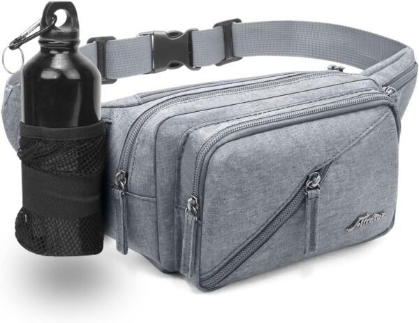Fanny Pack for Men Women Waist Bag with Water Bottle Holder Waterproof Crossbody Belt Bag with Adjustable Strap for Travel Hiking Running Outdoor Sports (Grey)