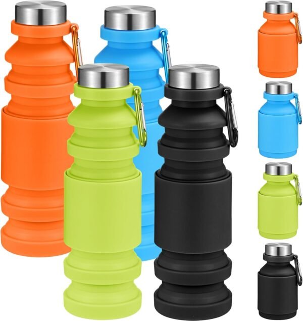 4 Pack Collapsible Water Bottles 18.6oz Silicone Foldable Water Bottle Reusable Portable Travel Cups Leakproof with Hook for Sports Gym Camping Hiking Outdoor Indoor Essential