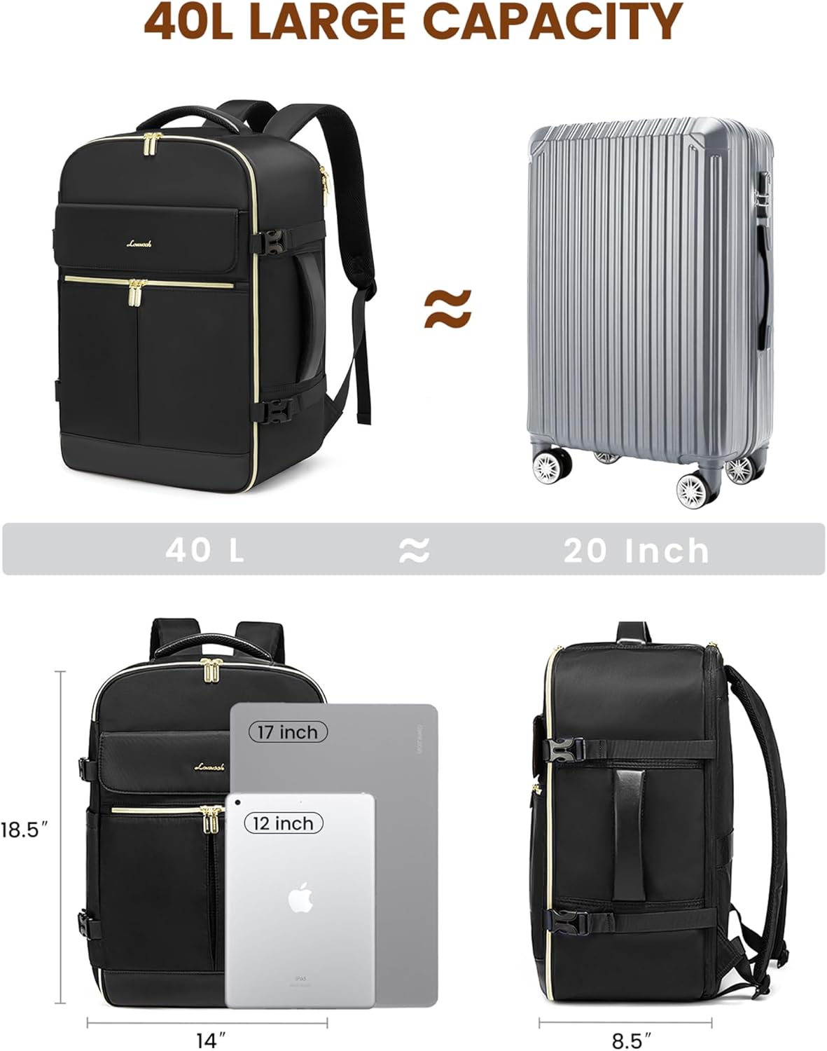 LOVEVOOK Travel Backpack for Women, 40L Large Carry On Backpack Flight Approved, Waterproof Personal Item Travel Bag Fits 17.3'' Laptop,TSA Backpack Suitcase with 3 Packing Cubes - Image 6