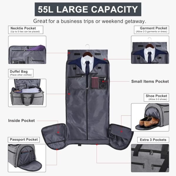 Bukere Rolling Garment Bag, Travel Garment Duffle Bag with Wheels, Carry on 3 in 1 Suit Luggage Bag with Detachable Trolley for Men Women Business Weekender - Image 4