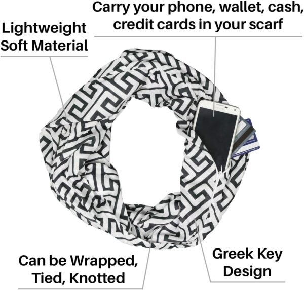 Shop Infinity Scarf with Zipper Pocket - Travel Scarf with Hidden Pockets for Women - Greek Key Pattern Scarves - Image 5