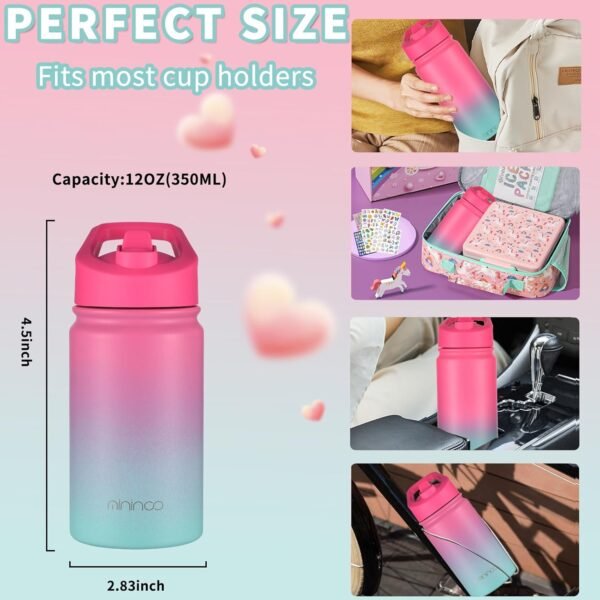 Mininoo Insulated Kids Water Bottle, 12 oz Stainless Steel Water Bottle Kids with Straw Lid and Chug Lid for Girls, Boys (Punch/Green) - Image 6