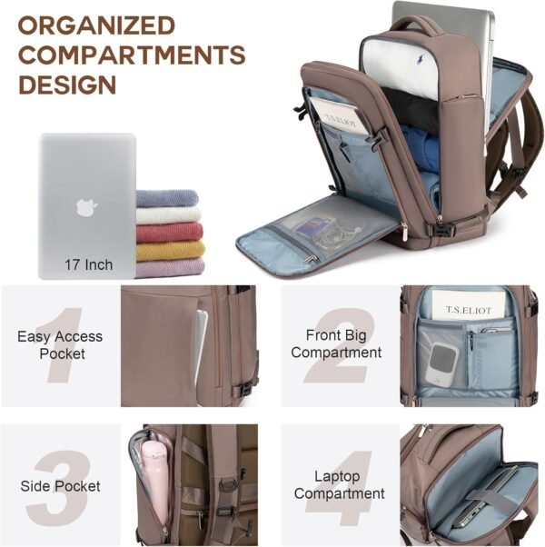 RDTGO Travel Backpack For Women, 40L Carry-On Backpack, Airline Approved Personal Item Bag, Waterproof Laptop Backpack with Large Duffel, Casual Daypack for Buisness Gym Weekend Hiking (Brown) - Image 4
