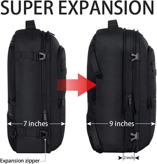Vancropak Carry On Backpack, 40L Expandable Extra Large Travel Backpack, Flight Approved Water Resistant Luggage Suitcase Daypack, Lightweight Personal Business Weekender Bag for Men & Women, Black - Image 3