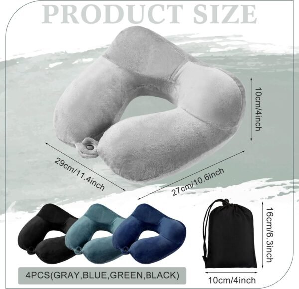 Sintuff 4 Sets Inflatable Travel Pillows for Airplanes with Compact Bag and Blindfold Velvet Inflatable Neck Pillow for Traveling Head Support U Shaped Flight Pillow, 12 x 12 x 5.5 Inch (Multi Color) - Image 2