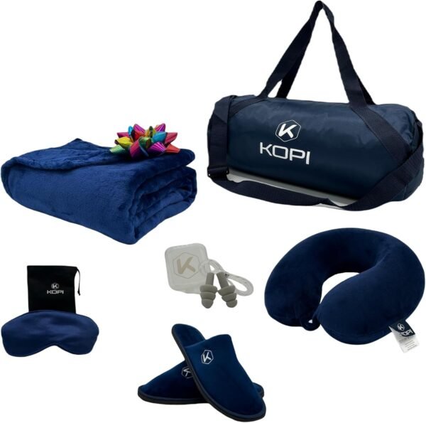 KOPI- Travel Blanket and Pillow. The Most Complete and Premium Travel Set with Pillow Memory Foam, Sleep mask, and More, Including a complimentary Soft Blanket, Best Gifts for Women and Men.