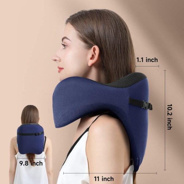 TripGood Neck Pillow for Travel - Extra Upper Back Support - Back Buckle Strap - Large(16.7" Neck Circumference) - Memory Foam - Blue - Image 4