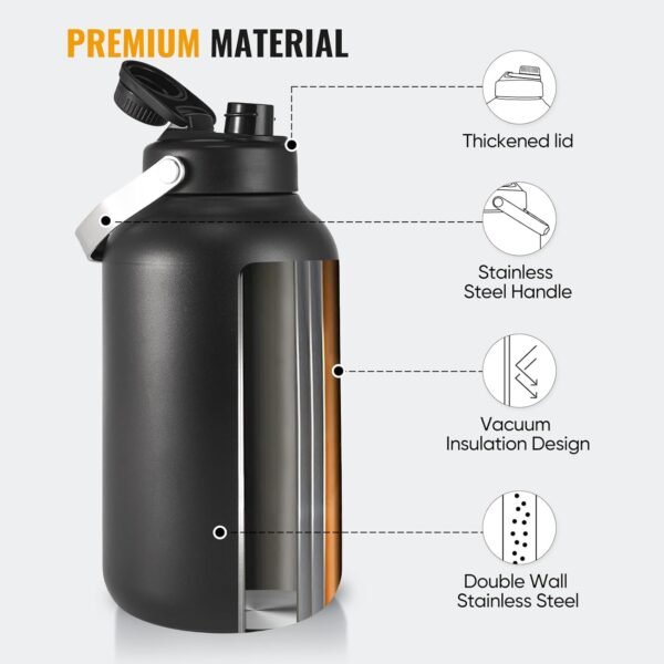 Kerilyn 128oz Insulated Water Bottle With Wide Mouth, One Gallon Stainless Steel Double Vacuum Water Bottle For Hot & Cold Drinks, Big Water Jug With Handle For Sports, Travel, Black - Image 5