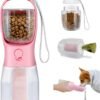 Dog Water Bottle with Filter, Portable Travel Dog Water Dispenser with Food Container & Dog Poop Bags Rolls, Leak Proof, Machine-Wash, Food Grade Plastic - Cycling & Long Flight (Pink, 10 oz)