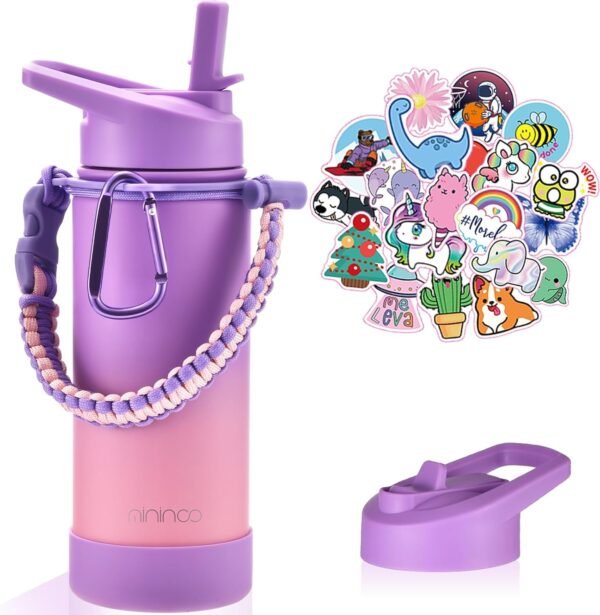 Mininoo Insulated Kids Water Bottle, 16oz Stainless Steel Water Bottle Kids with Paracord Handle for Girls, Boys（Purple/Pink）