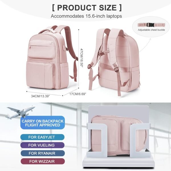 coowoz Travel Backpack for Women Men Mochila de Viaje Laptop Work Backpack Hiking Gym College Backpack Rucksack Travel Essentials Personal Item Travel Bag Carry on Backpack Flight Approved Pink - Image 5