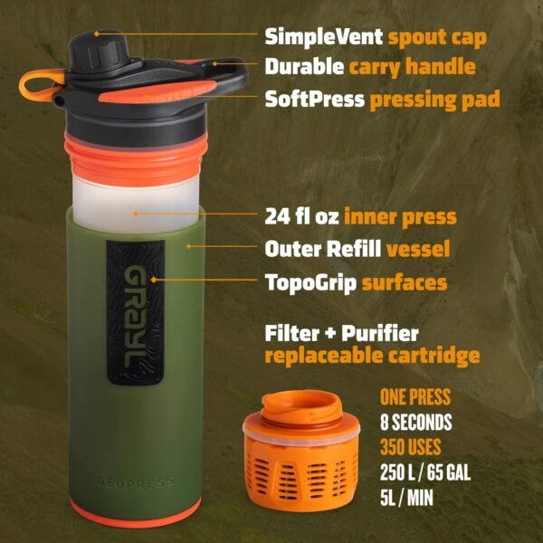 GRAYL GeoPress 24 oz Water Purifier Bottle - Filter for Hiking, Camping, Survival, Travel (Oasis Green) - Image 3