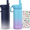 Kids Water Bottle, 2-Pack 16oz Kids Water Bottle with Stickers for School, insulated Stainless Steel Straw Cup(Gray+Blue)