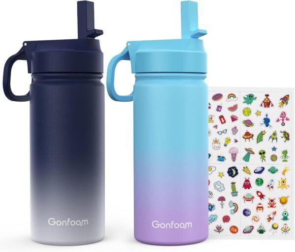 Kids Water Bottle, 2-Pack 16oz Kids Water Bottle with Stickers for School, insulated Stainless Steel Straw Cup(Gray+Blue)