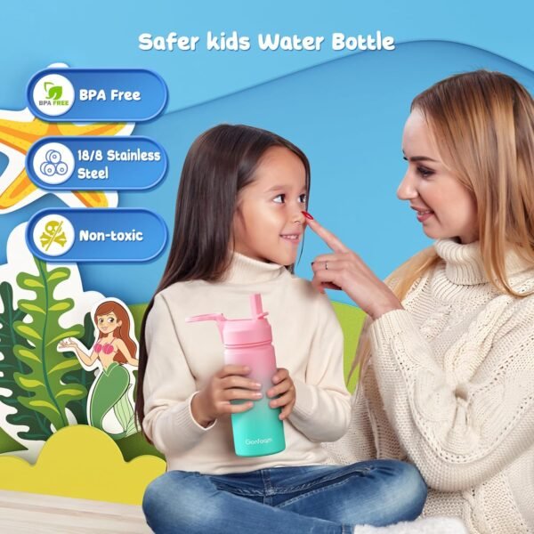 Kids Water Bottle, 16oz Kids Water Bottle with Stickers for School, insulated Stainless Steel Straw Cup, Gifts for Boys(Pink/Green) - Image 2