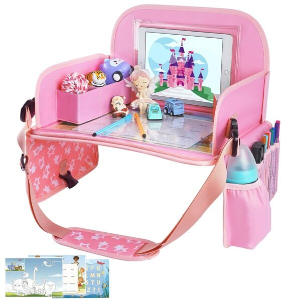 Kids Travel Tray for Toddler Car Seat, Lap Tray for Girl Activities with Dry Erase Board & Cooler Cup Holder, Road Trip Essentials Accessories with No-Drop Large Tablet iPad Holder Stand,Pink