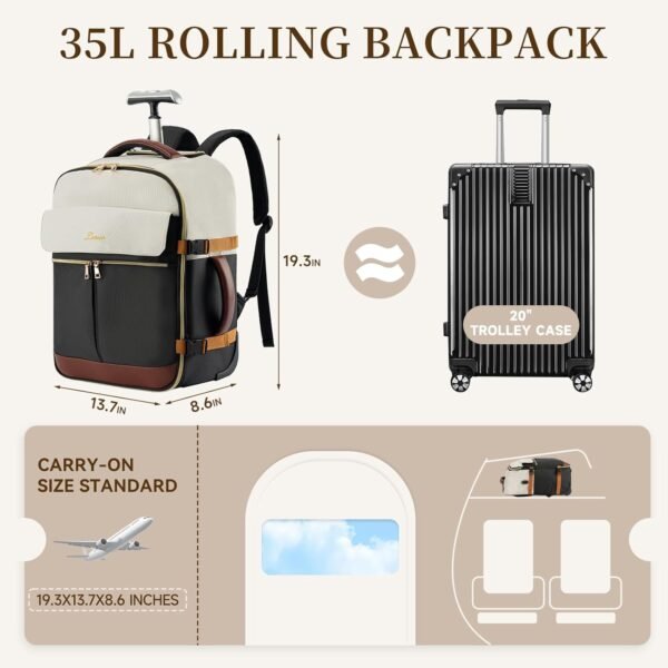 LOUEO Rolling Backpack for Women, Travel Rolling Backpack for Adults with Wheels, 17 Inch Wheeled Backpack Carry on Luggage - Image 3