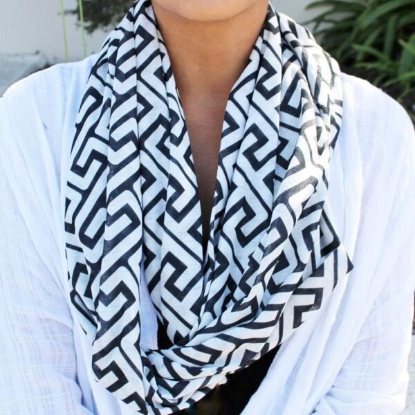 Shop Infinity Scarf with Zipper Pocket - Travel Scarf with Hidden Pockets for Women - Greek Key Pattern Scarves - Image 3