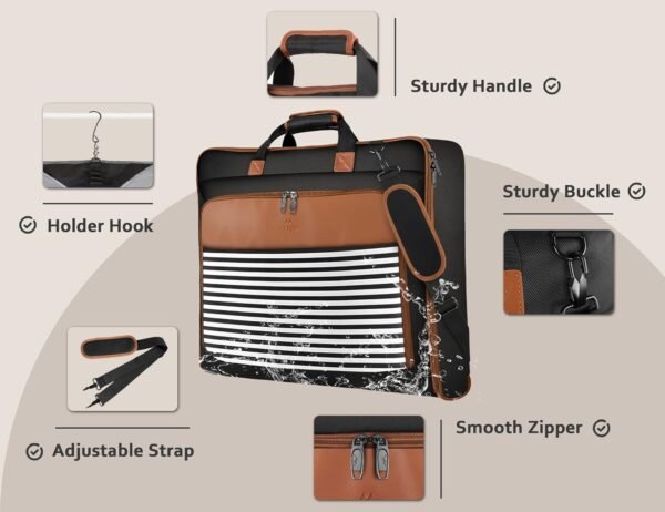 MATEIN Suit Carry On Garment Bags for Travel, Suit Bag with Detachable Adjustable Shoulder Strap, Waterproof Foldable Luggage Bag for Men Women, Large Compartment for Carrying Clothes, Black Stripe - Image 4