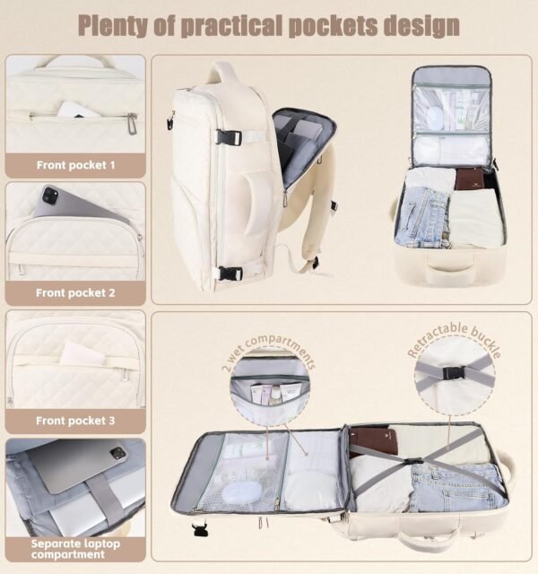 Travel Backpack for Women, 17 Inch Carry On Laptop Backpack Flight Approved with 3 Packing Cubes, Mochila de Viaje Casual Daypack with USB Charging for Business, Hiking, Water Resistant, Beige - Image 3