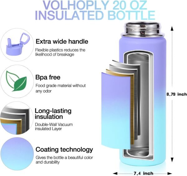 Volhoply 20oz Insulated Stainless Steel Water Bottle With Straw Lid Bulk 2 Pack,Kids Double Wall Vacuum Thermos With Handle,Reusable Outdoor Sports Camping Metal Bottles,Travel Flask Keep Cold(Mix,2) - Image 4