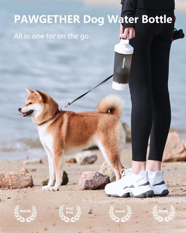 PAWGETHER® Dog Water Bottle with Poop Bag Food Container Shoulder Stap, Built in Bowl No Spill Portable Dog Travel Water Bottle Dispenser (450mL for Water 150mL for Food, Grey) - Image 3