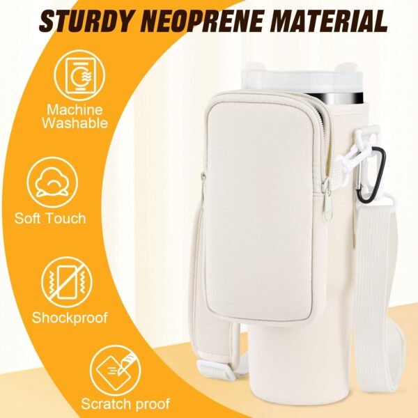 Water Bottle Tumbler Carrier Bag with Phone Pocket for Stanley, 40oz Tumbler Holder Simple with Adjustable Strap Modern Neoprene for Quencher Cup Accessories Travel, Cream White - Image 2