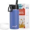 Kids Insulated Water Bottle with Straw-16 oz Stainless Steel Double Wall Vacuum Wide Mouth Water Bottle for School-Metal Travel Water Flask with Silicone Boot (Royal Blue)