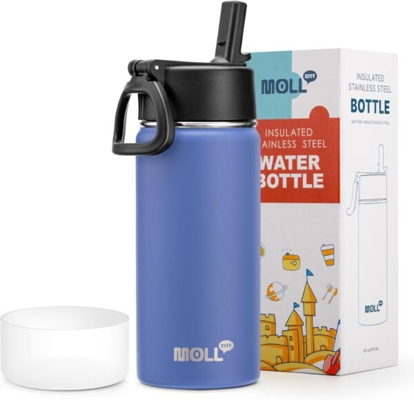 Kids Insulated Water Bottle with Straw-16 oz Stainless Steel Double Wall Vacuum Wide Mouth Water Bottle for School-Metal Travel Water Flask with Silicone Boot (Royal Blue)