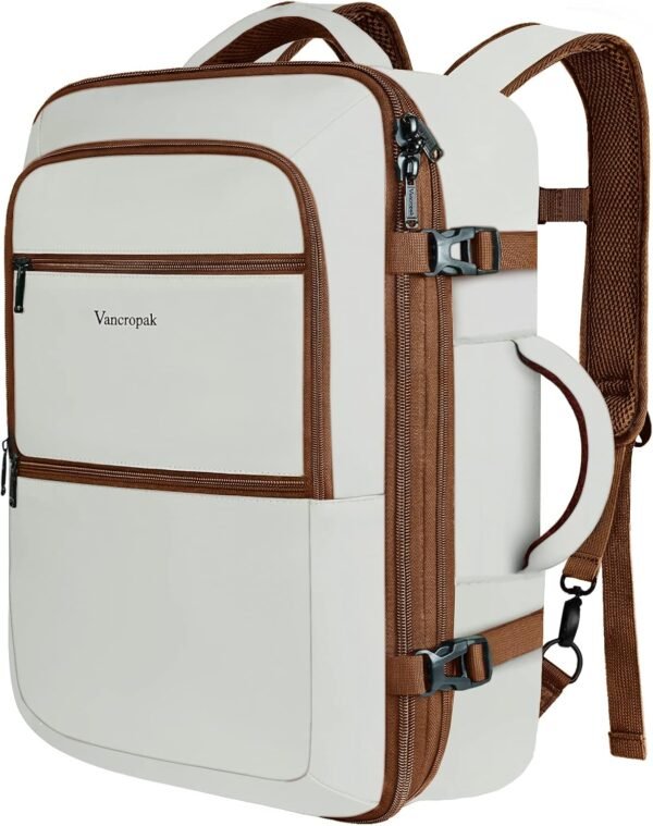 Vancropak Travel Bags for Women Carry on, Large Travel Backpack Airline Approved, Expandable Weekender Daypack Overnight Suitcase Backpack, Luggage for International Flight Traveling Hiking, Beige