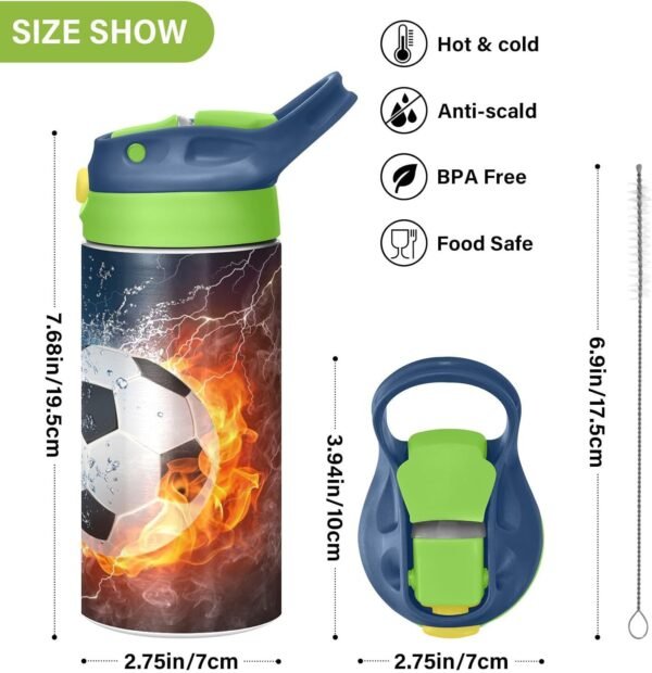 Fire Ice Football Kids Water Bottle with Straw and Carry Handle Soccer Ball Sports Theme Vacuum Insulated Stainless Steel Bottles Leak-Proof for Boys Girls Toddler 12 oz Green Lid - Image 3