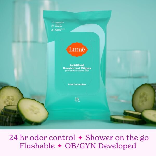 Lume Acidified Deodorant Wipes - 24 Hour Odor Control - Aluminum Free, Baking Soda Free, Skin Loving - 15 Count (Pack of 3) (Cool Cucumber) - Image 7